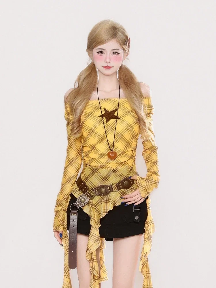 Y2K Plaid Slash Neck Vintage T - Embroidery Tshirt incelemesi ve fiyatı