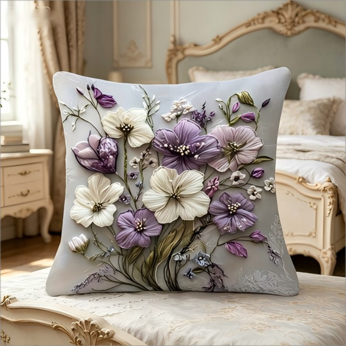 2D Effect Purple White Flower  - Embroidery Effect incelemesi ve fiyatı